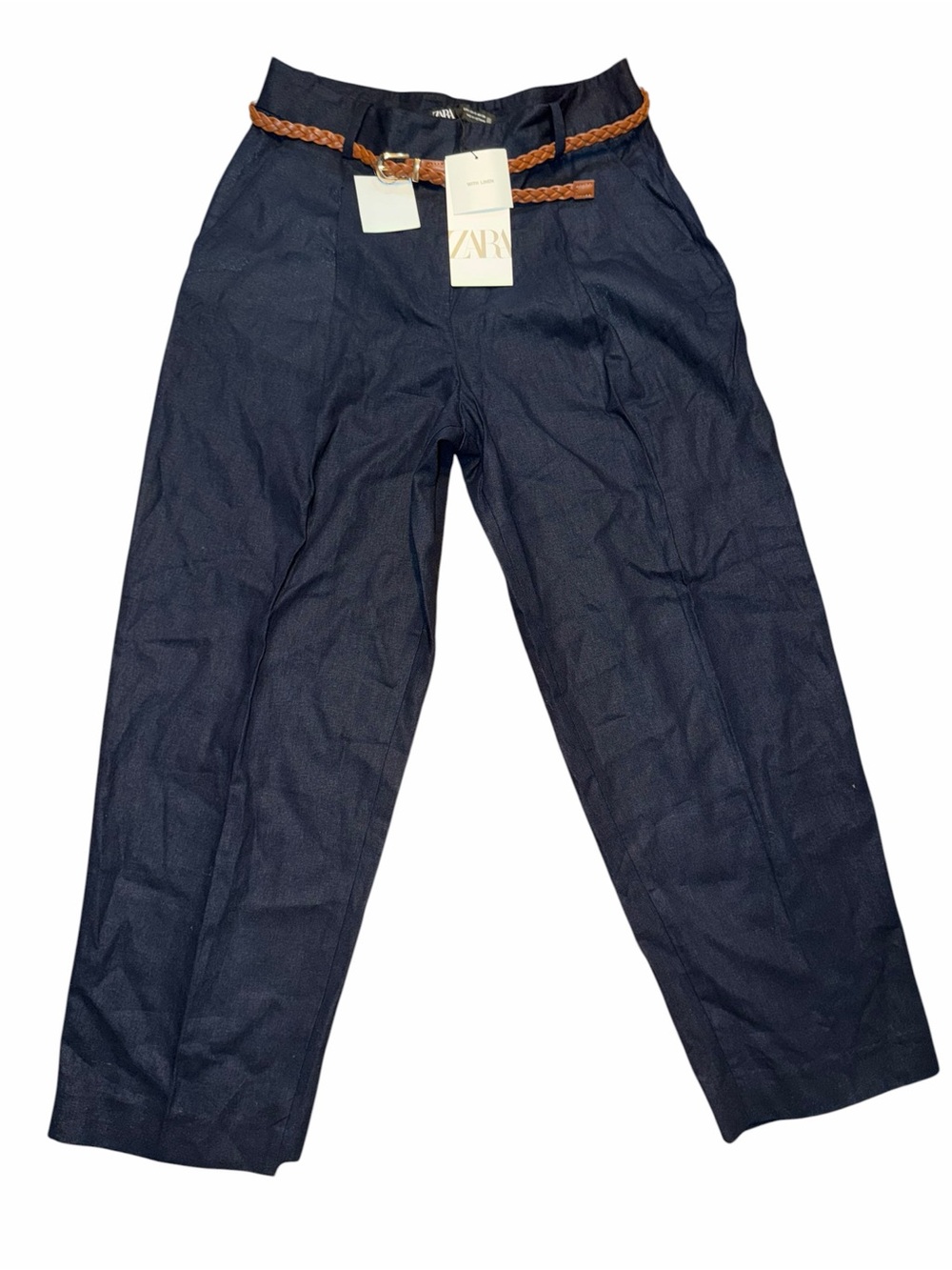 Zara Linen Blend Blue Straight Leg Pants with Braided Belt, Women’s Small NWT